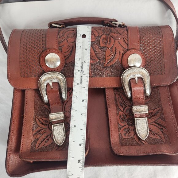 Nacona Leather Shoulder Satchel Briefcase Messenger Bag Western Tooled Buckles - Picture 10 of 11